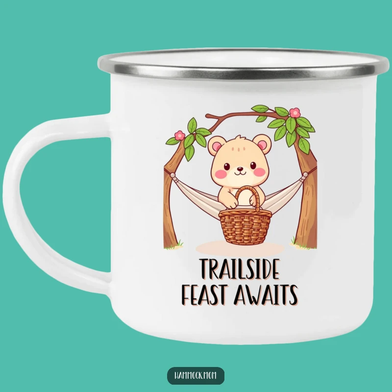Funny Enamel Camping Mug: Hammock Picnic Scene, Outdoor Relaxation Gift
