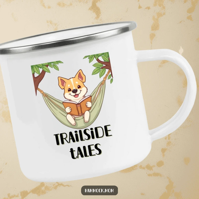 Funny dog camping mug showing a dog smirking while reading a book in a hammock, perfect for outdoor literary enjoyment.