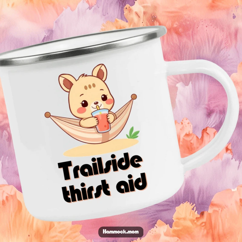 Funny camping mug depicting a relaxed hammock animal character offering a cool beverage with a straw, perfect for adventurous humor.