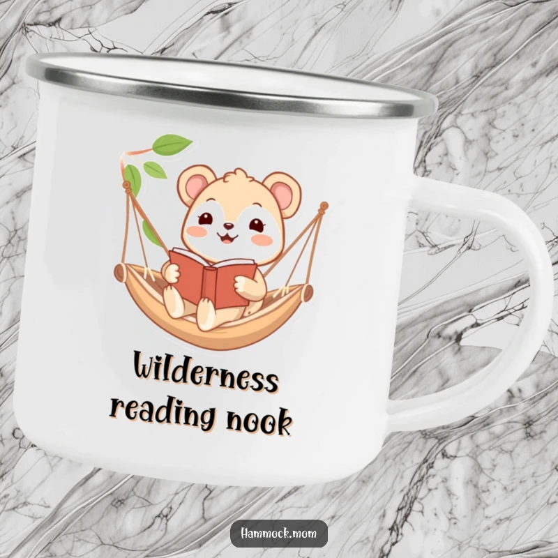 Funny camping mug depicting a happy animal character reading a book in a hammock, perfect for enjoying stories outdoors with a chuckle.