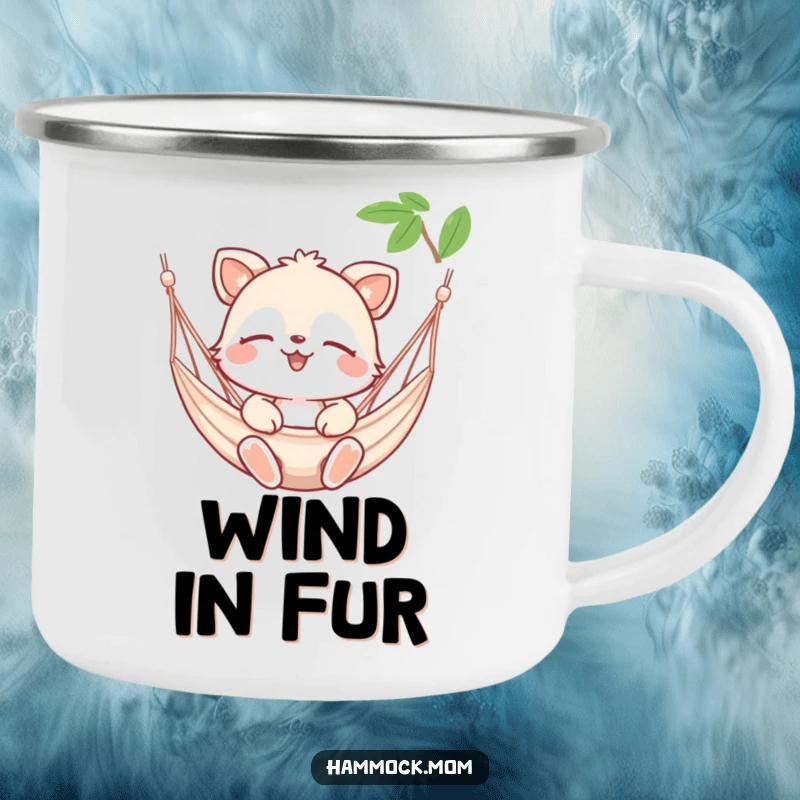 Funny camping mug showing a happy animal character eyes closed, enjoying a gentle hammock breeze, perfect for outdoor enjoyment.