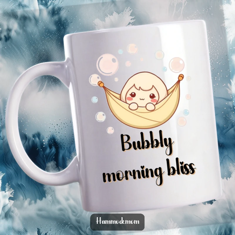 Funny mug showcasing a kawaii hammock character peacefully floating amidst gentle, shimmering bubbles, embodying tranquility.