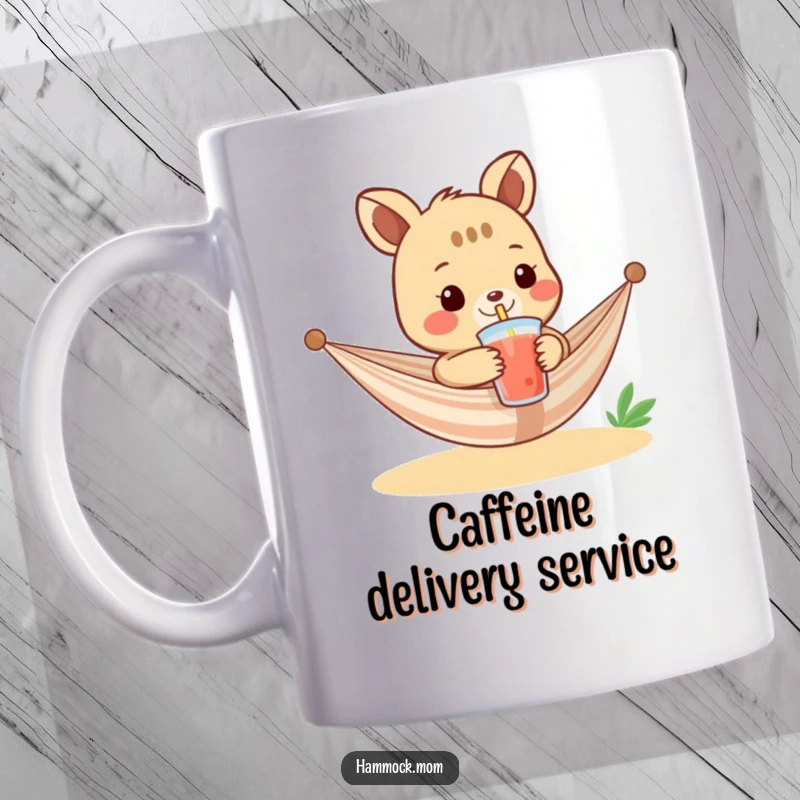 Funny mug with a hammock animal character offering a refreshing drink with a straw, embodying relaxation and hospitality for a humorous feel.