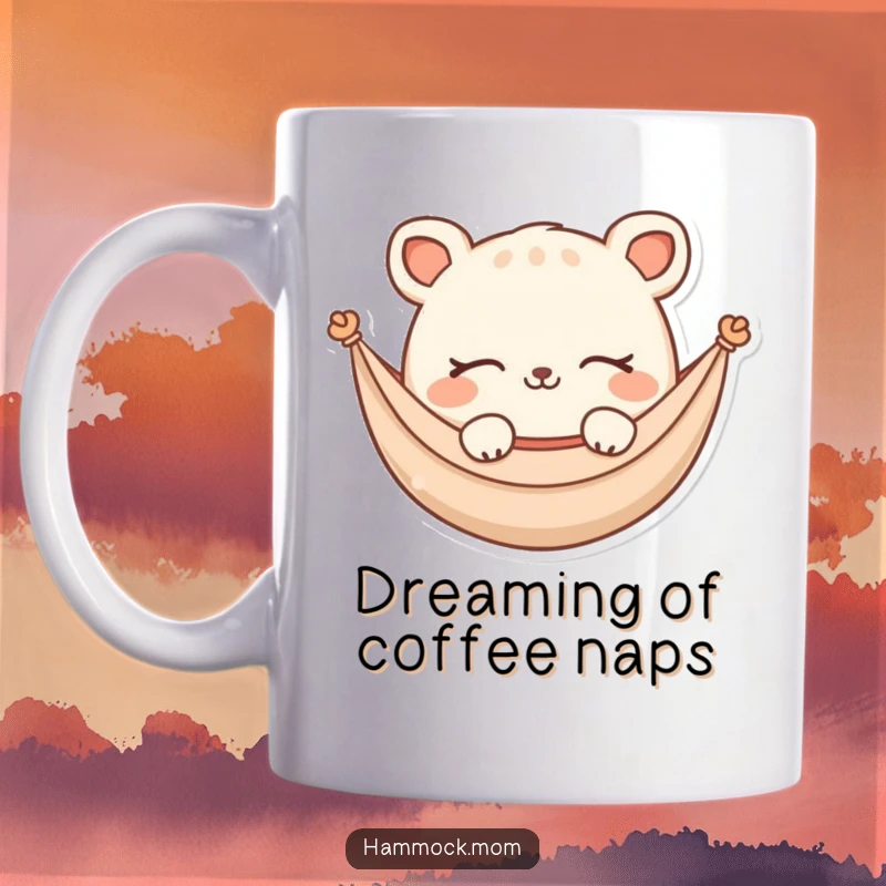 Funny Mug: Cute hammock animal character with closed eyes and a soft smile, dreaming peacefully in a hammock, embodying relaxation.