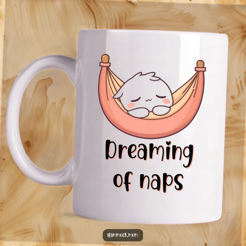Funny mug featuring a cute kawaii hammock character sound asleep with a blissful, peaceful expression, radiating pure relaxation.