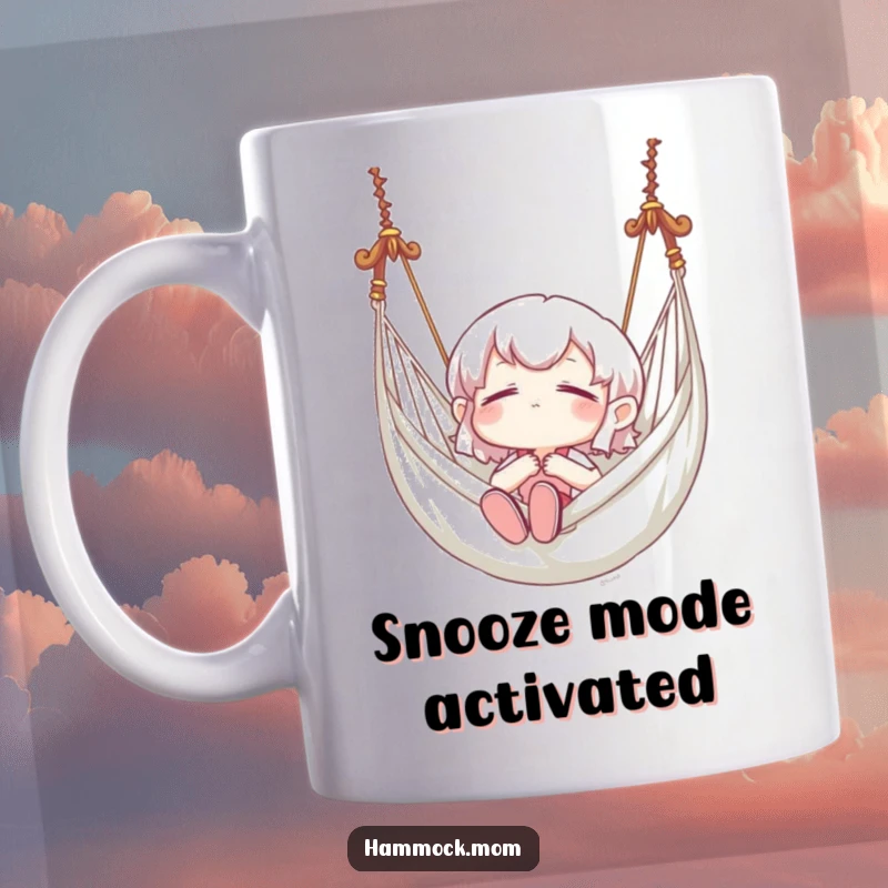Funny mug showcasing a character blissfully swinging in a hammock with eyes closed, embodying pure relaxation and serenity.