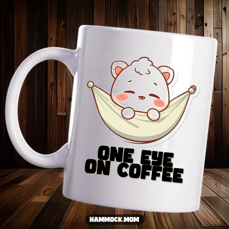 Funny mug with a chill hammock animal character winking playfully, embodying relaxation and a hint of mischief for a humorous vibe.