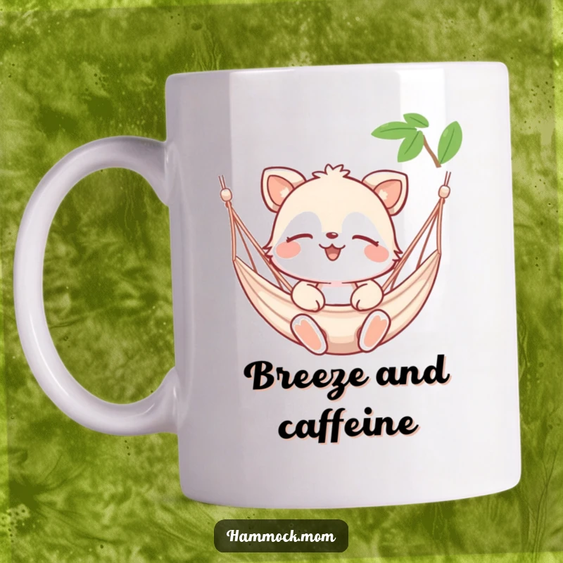 Funny mug with a happy animal character eyes closed, enjoying a gentle hammock breeze, symbolizing peace and relaxation.
