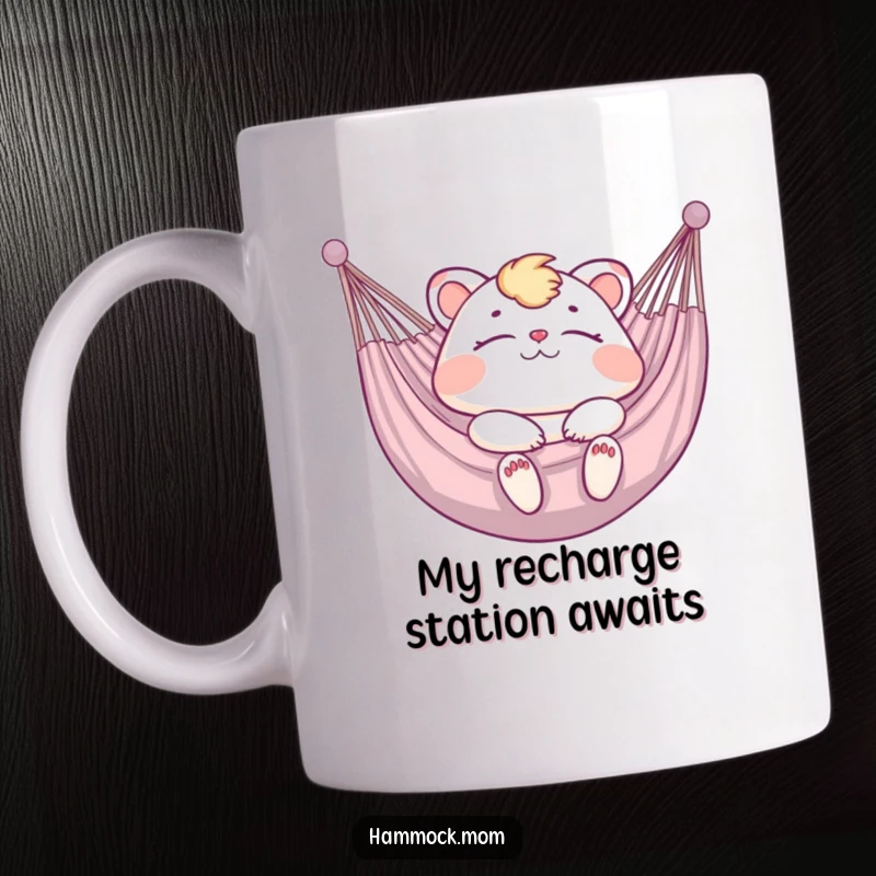 Funny Mug featuring a mom animal blissfully relaxing with eyes closed in a hammock, embodying serene joy.