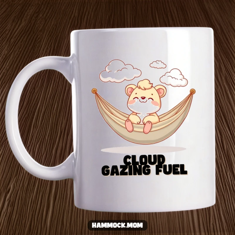 Funny Mug featuring a mom animal happily watching fluffy clouds drift by from a hammock, embodying carefree joy.