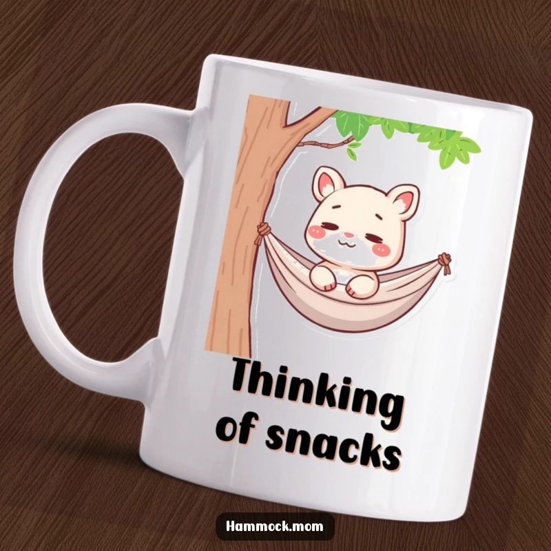 Funny Hammock Mom Animal Mug: A cartoon mom animal in a hammock with a faint smile, lost in deep thought, a perfect funny gift.