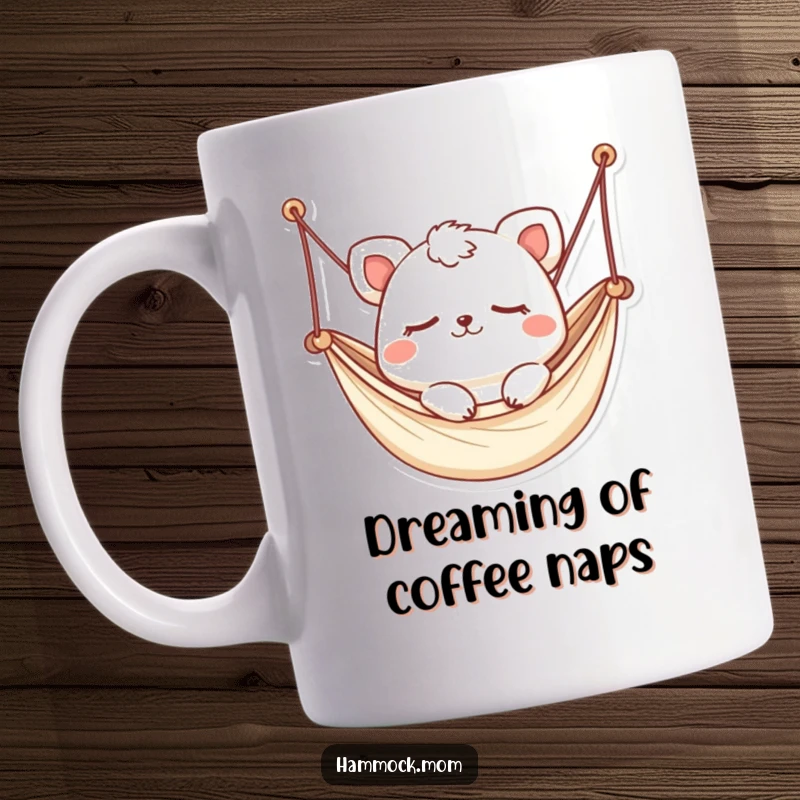 Funny Kawaii Hammock Animal Mug: A cute creature with closed eyes, gently swaying in a miniature hammock, embodying peaceful slumber.