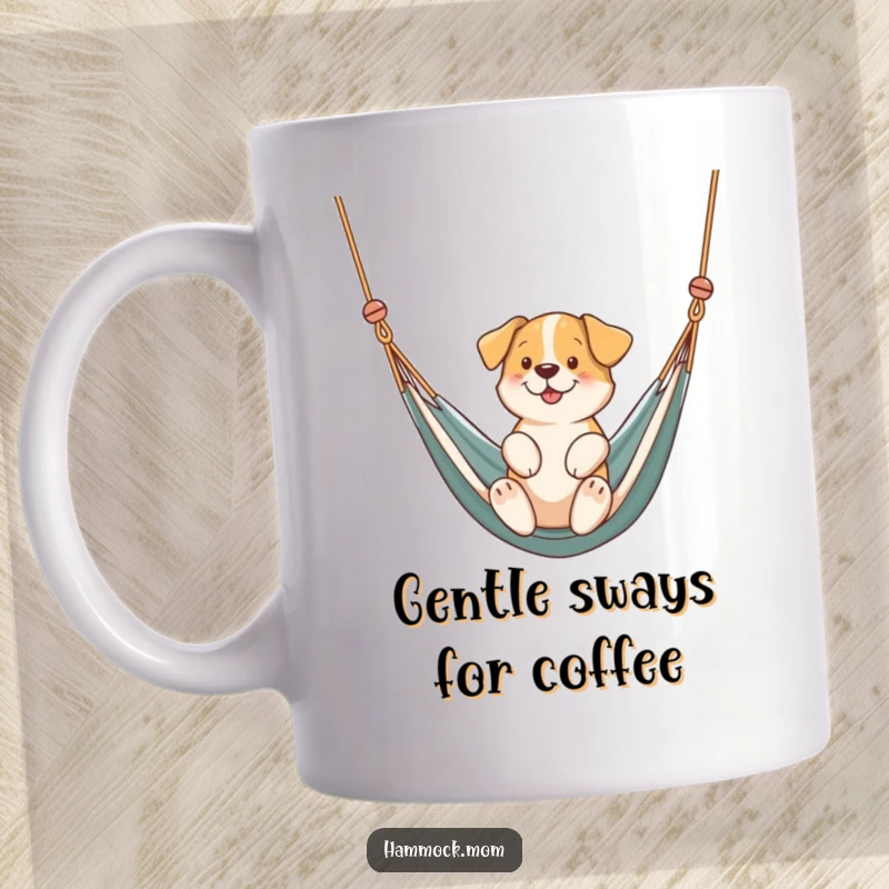 Funny dog gently swinging back and forth in a comfy hammock, printed on a mug, conveying peace and humor, ideal for gifting.