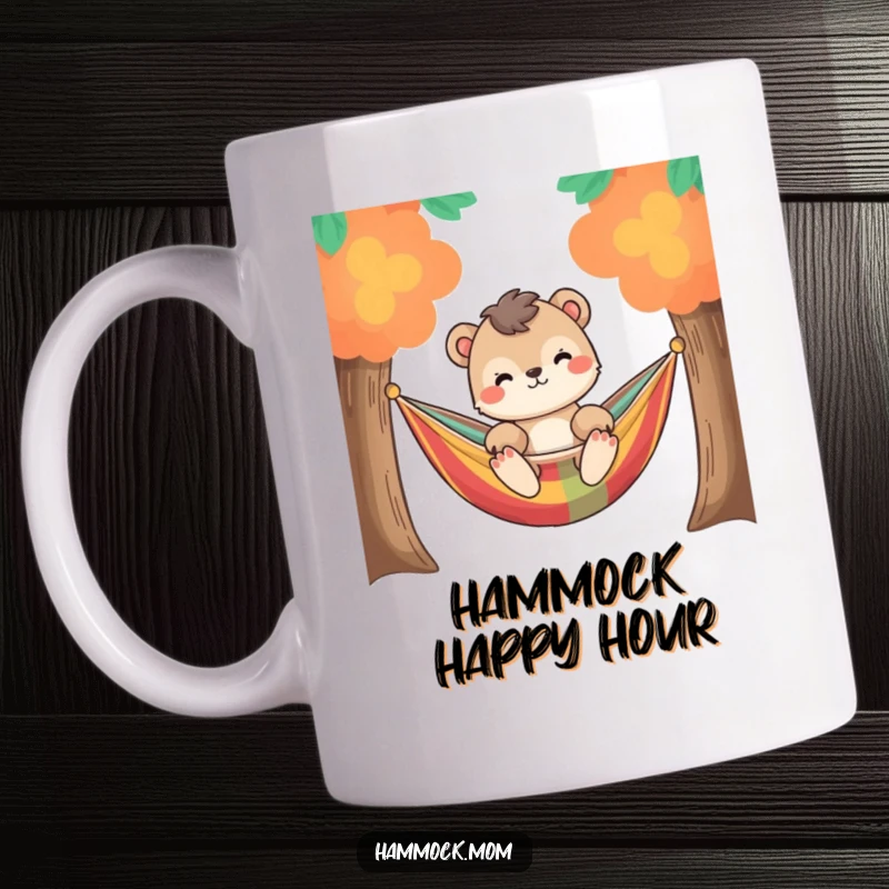 Funny relaxed animal character gently swaying in a colorful hammock between two trees, designed for a mug.