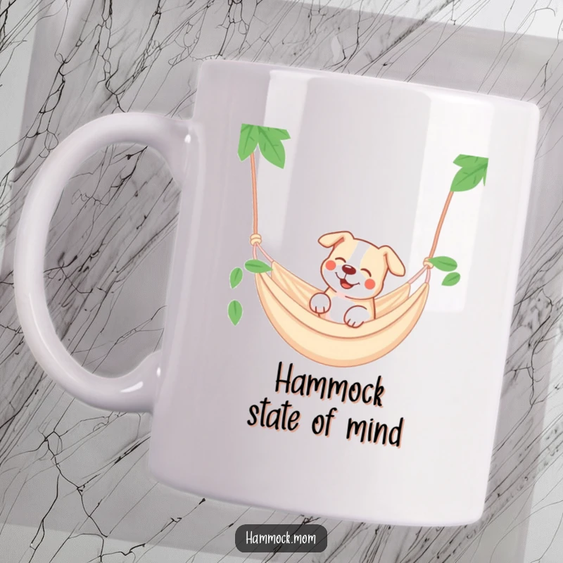 Funny dog dreaming in a hammock mug, a happy canine enjoying sweet relaxation.