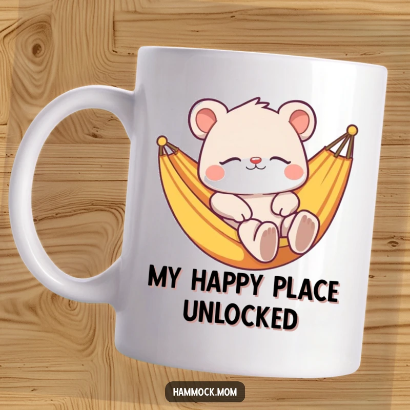 Funny mug featuring a relaxed animal character blissfully napping in a brightly colored hammock, conveying ultimate contentment and peace.