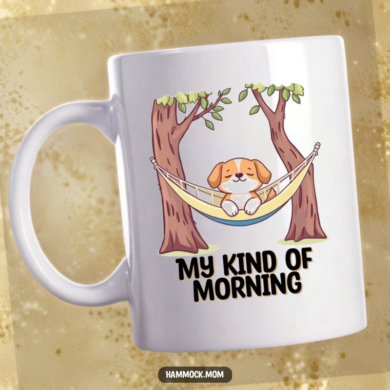 Funny dog mug depicting a content canine blissfully napping in a hammock between trees, eyes shut in pure relaxation.