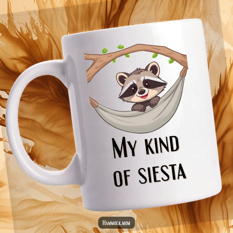 Funny raccoon peeking over hammock with a curious grin on a mug, embodying playful mischief and relaxation.