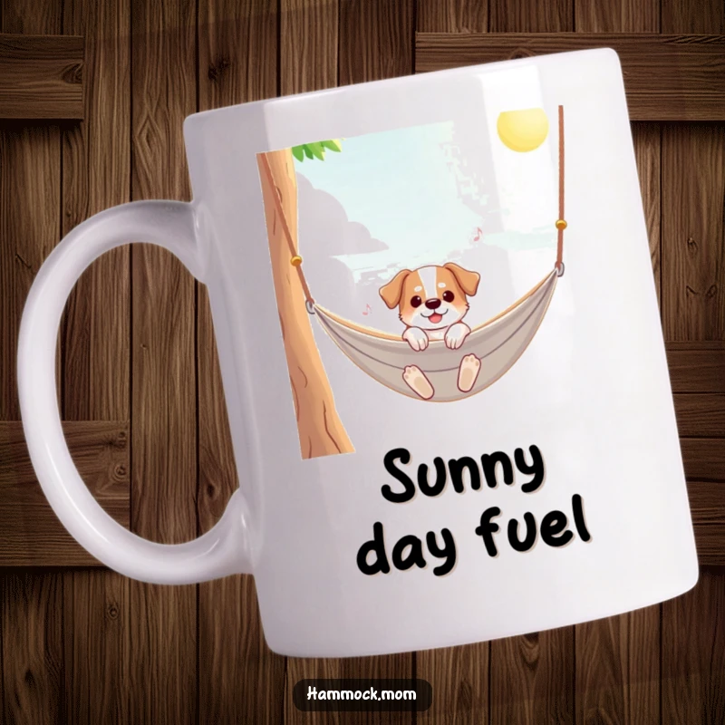 Funny dog mug featuring a dog gently swaying in a hammock under a bright, sunny sky, embodying cheerful relaxation.