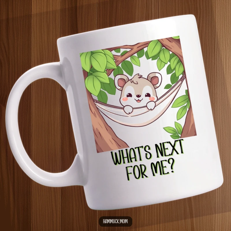 Funny mug depicting a curious animal character peeking over the edge of a hammock with a mischievous grin, hinting at playfulness.