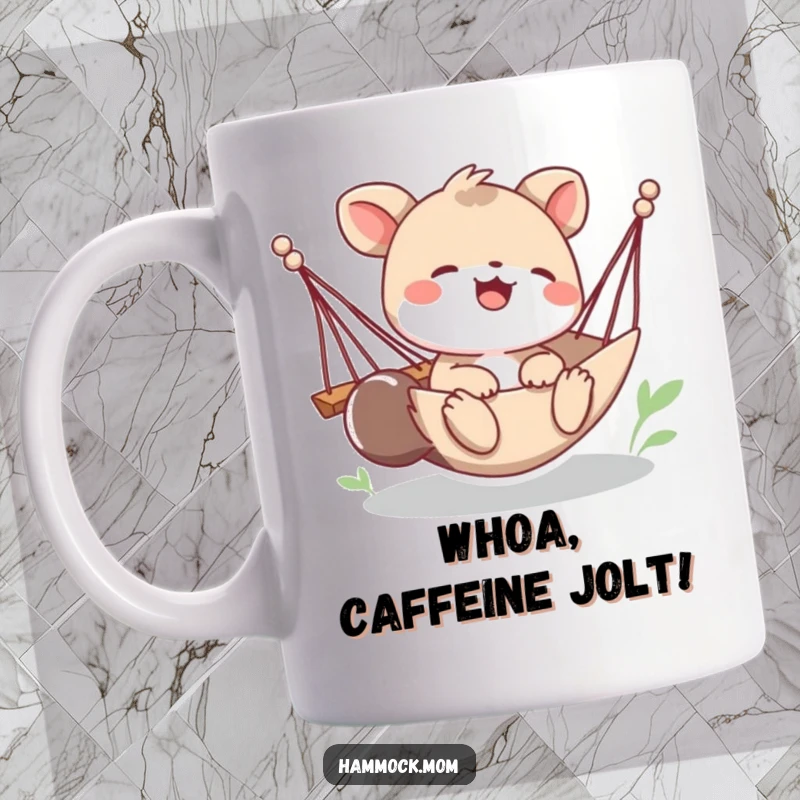 Funny mug displaying a playful animal character giggling as their hammock tips slightly due to movement, conveying pure, infectious joy.
