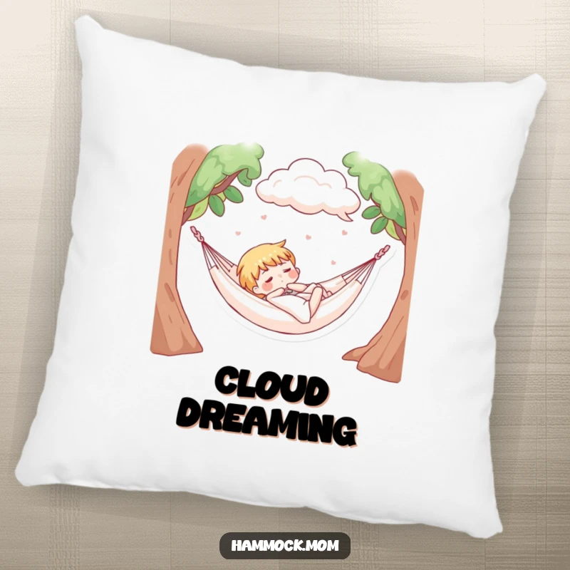 Funny pillow with a character napping in a hammock under soft, fluffy clouds, offering comfort and dreamy charm.