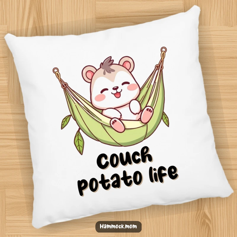 Funny waving animal character pillow, lazy in a hammock, soft and cozy cushion, perfect humorous gift for home comfort.