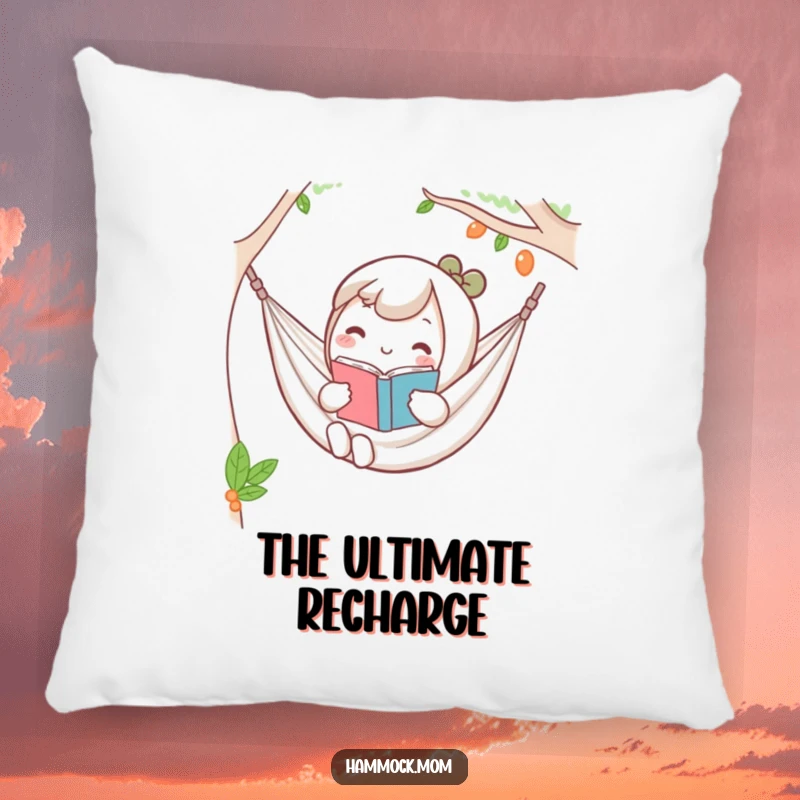 Funny Kawaii hammock pillow with a character holding a book, looking completely relaxed and ready for a nap.