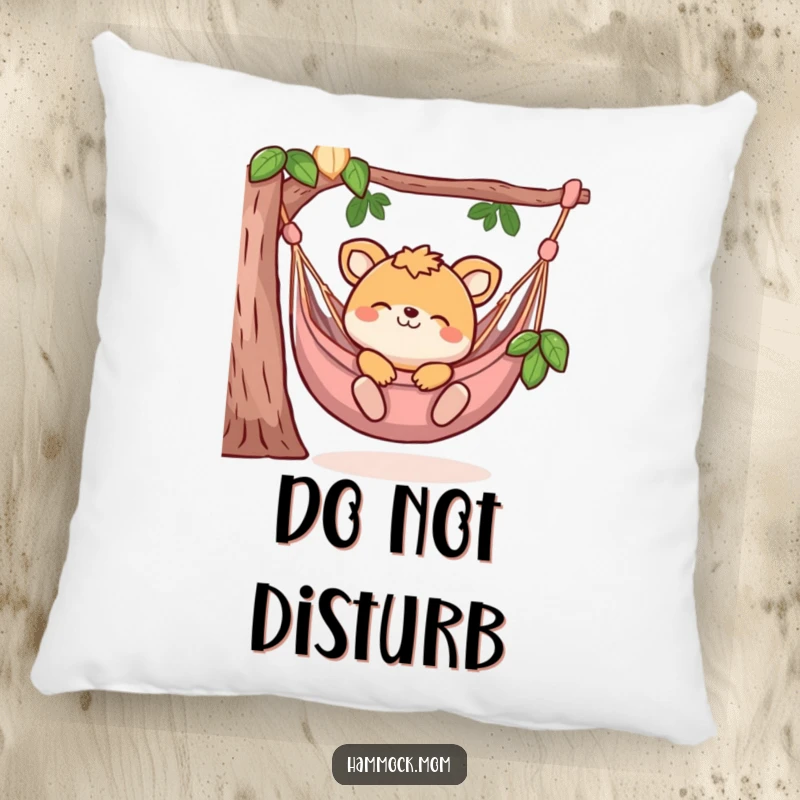 Funny pillow with an animal character blissfully lounging in a hammock, offering comfort and a touch of humor to any room.