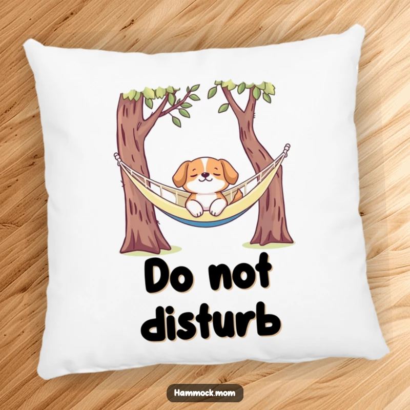 Funny dog pillow depicting a dog enjoying ultimate relaxation in a hammock, offering comfort and a humorous accent piece.