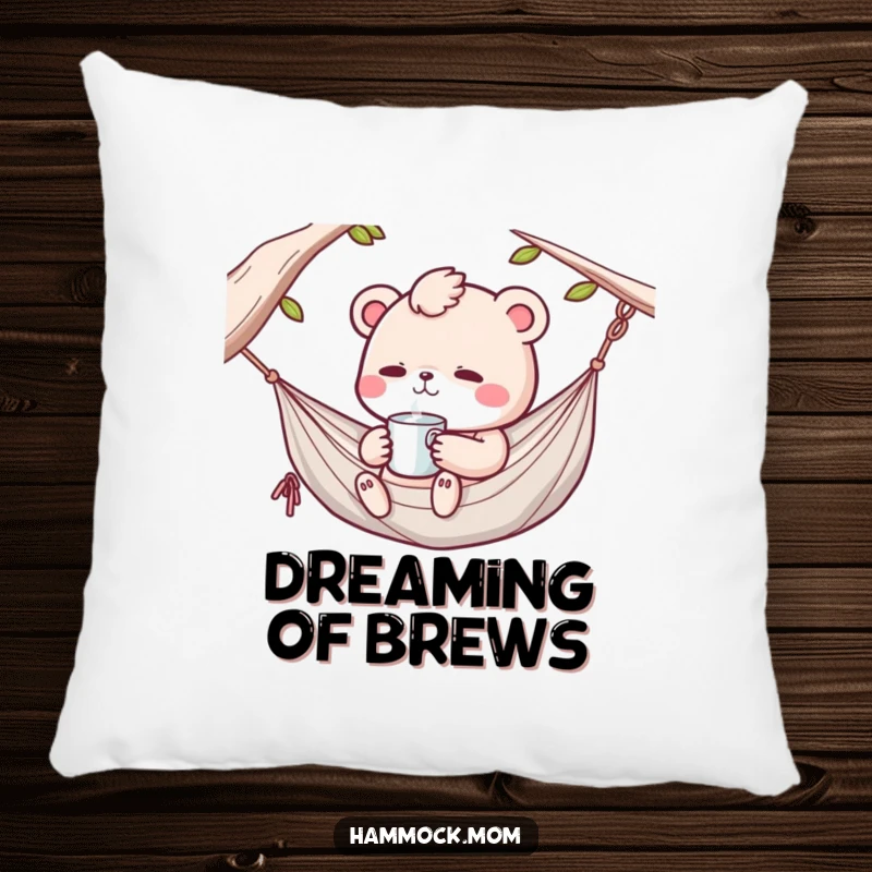 Funny Kawaii hammock animal sipping from a cup in a hammock, a soft and humorous decorative pillow.