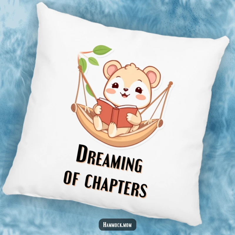 Funny pillow with a happy animal character reading a book while relaxing in a hammock, ideal for creating a cozy reading spot.