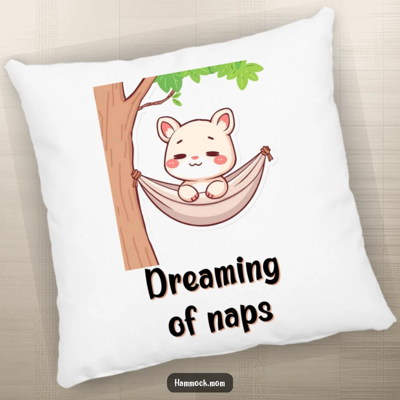 Funny Hammock Mom Animal Pillow: A soft pillow featuring a cartoon mom animal in a hammock, smiling faintly and lost in thought, funny decor.