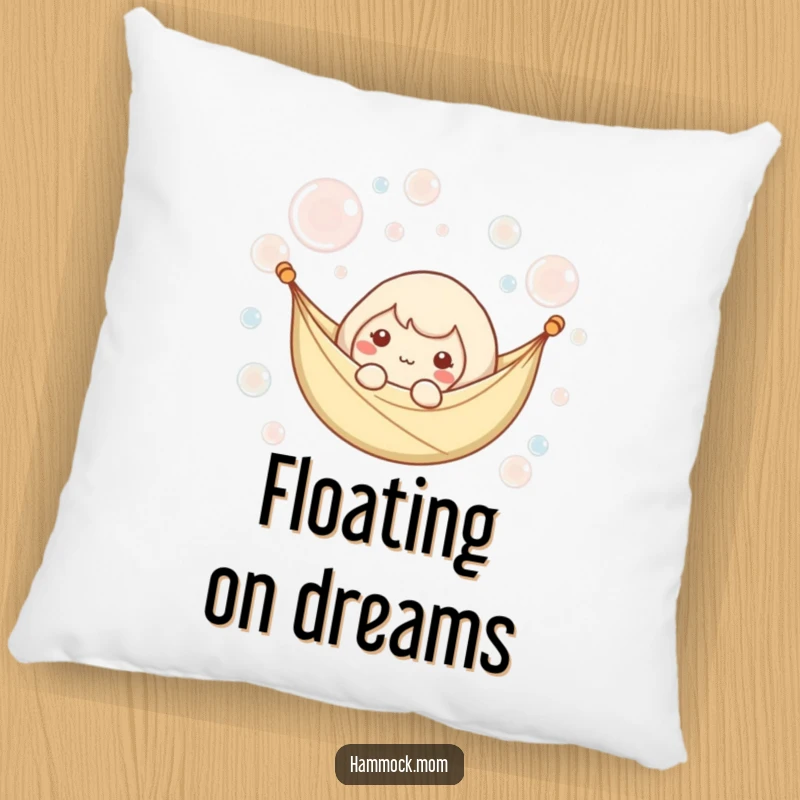 Funny pillow featuring a kawaii hammock character floating among gentle bubbles, providing soft, comfortable, and zen decor.