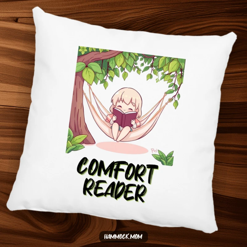 Funny pillow with a character reading a book in a hammock, offering comfort and humorous literary escape.
