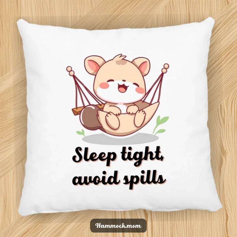 Funny pillow with a playful animal character giggling while their hammock tips, offering soft comfort and a dose of humorous joy.