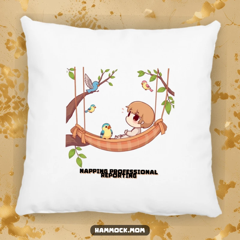 Funny Pillow with a character comfortably situated in a hammock, observing birds in flight, offering a humorous and cozy decorative touch.