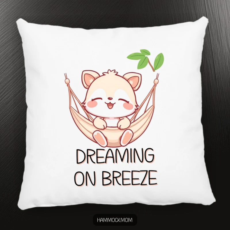 Funny pillow with a happy animal character eyes closed, enjoying a gentle hammock breeze, bringing comfort and calm.