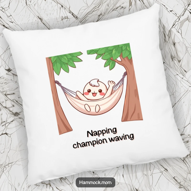 Funny Pillow: A sweet kawaii character waves happily from a hammock, soft and decorative for ultimate comfort.
