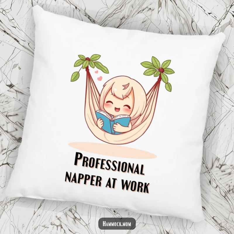Funny pillow with a delighted hammock character reading a book and sighing contentedly, offering comfort and a humorous touch.