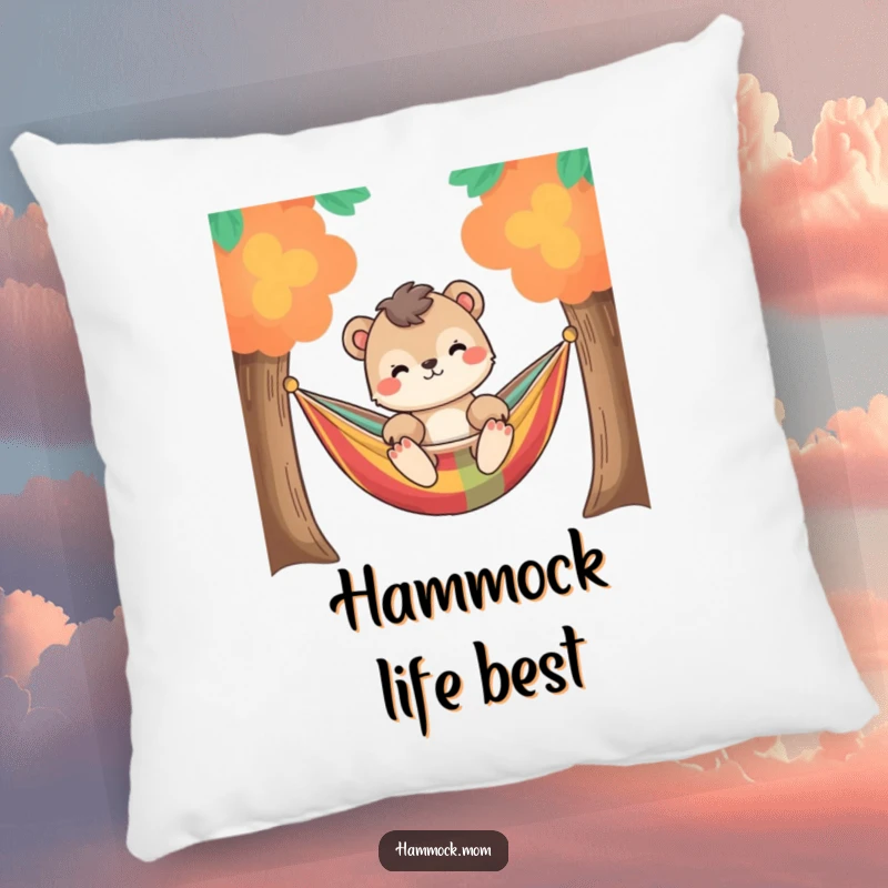 Funny relaxed animal character gently swaying in a colorful hammock between two trees, on a soft and decorative pillow.