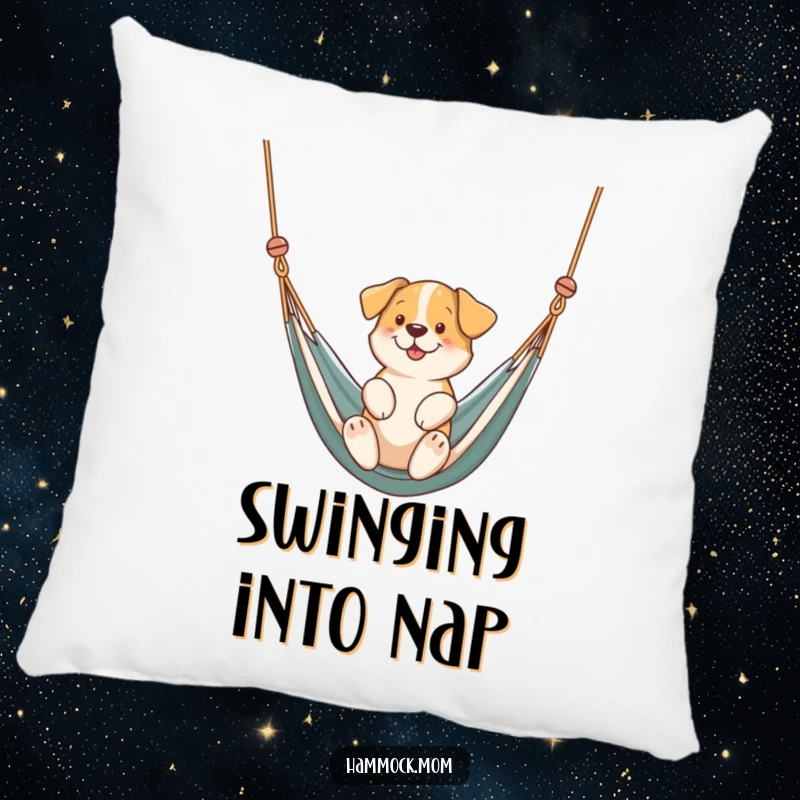 Funny dog gently swinging in a hammock on a pillow, adding comfort and humor to decor, an ideal funny gift.