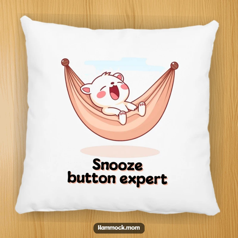 Funny yawning animal character pillow, sleepy in a hammock, soft and cozy cushion, perfect humorous gift for home comfort.