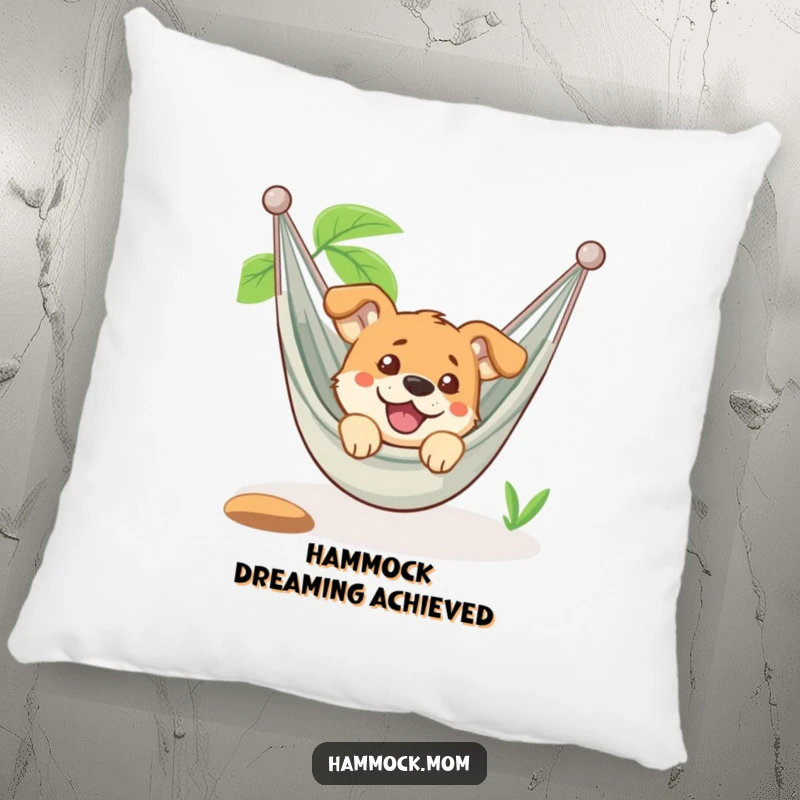Funny dog peeking from a hammock looking very amused, printed on a soft pillow, perfect for home decor and as a funny gift.