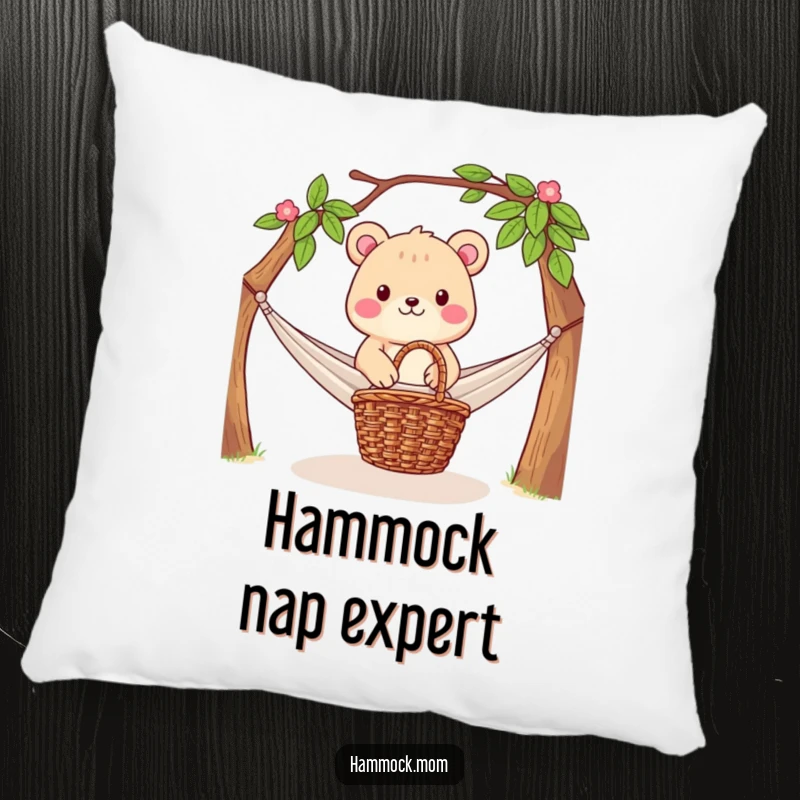 Funny Pillow: Soft plush pillow featuring an animal character relaxing in a hammock with a picnic basket at its base, promoting comfort and leisure.