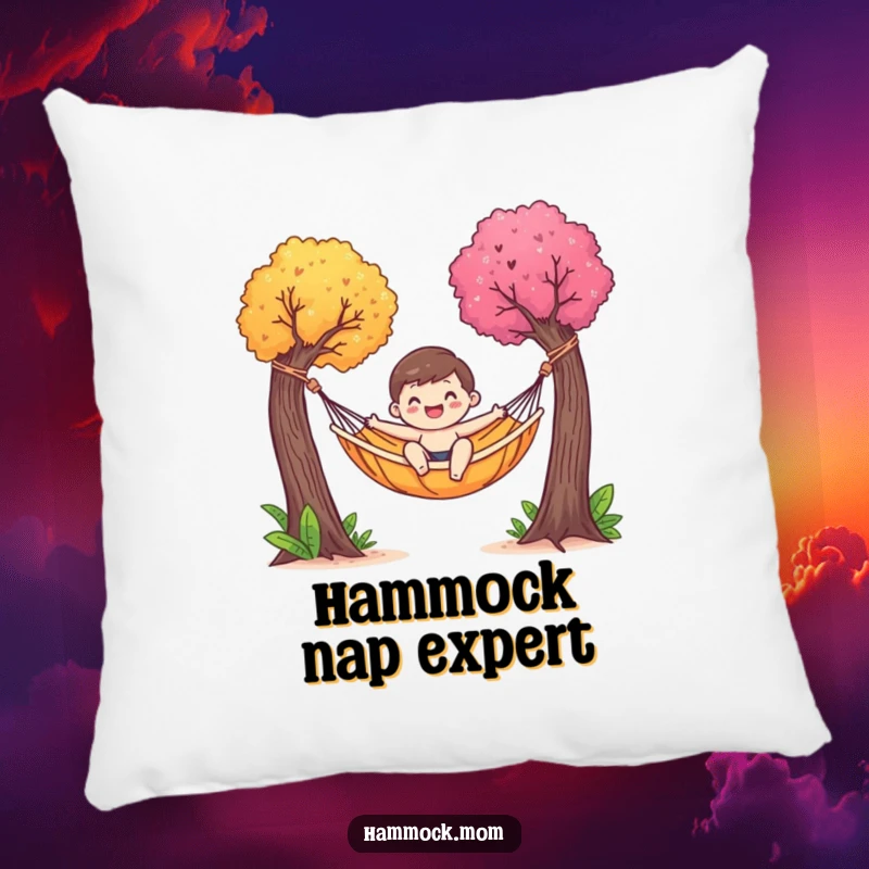 Funny pillow featuring a happy hammock character gently swaying between colorful trees, adding a comfortable and humorous element of peace.