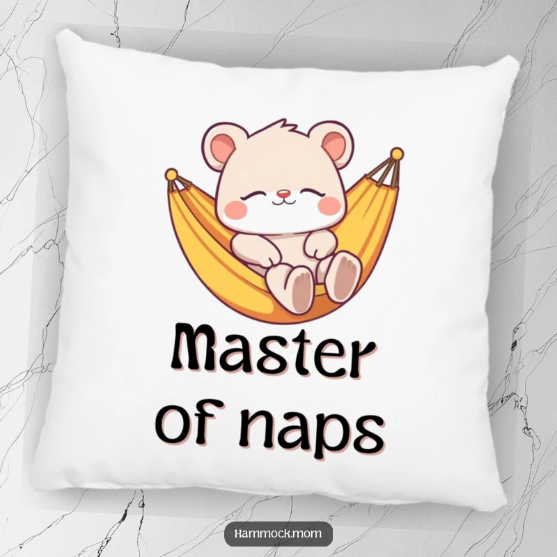Funny pillow featuring a peacefully sleeping animal character lounging in a hammock, offering supreme comfort and humorous decor.