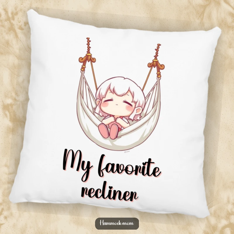 Funny pillow with a character in blissful repose in a hammock, offering comfort and humorous, serene relaxation.