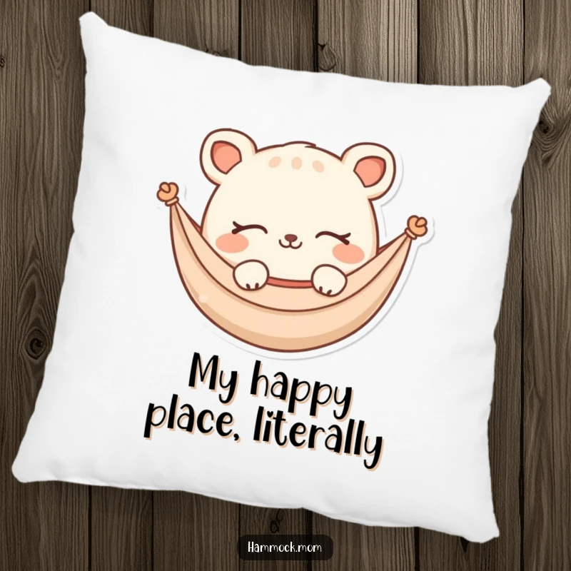 Funny Pillow: A fluffy hammock animal character dreaming with closed eyes and a soft smile, offering comfort and humor.