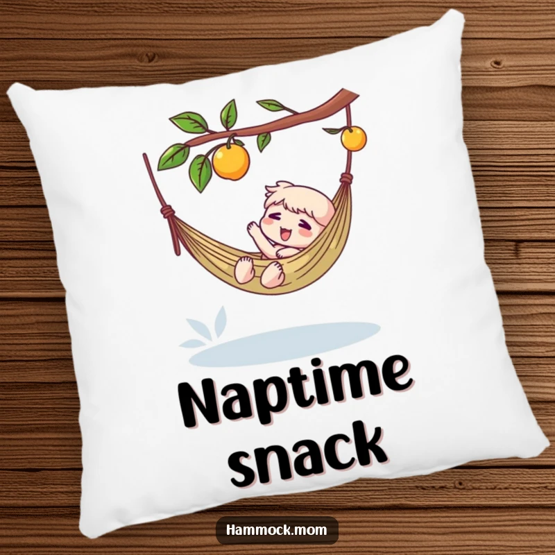 Funny pillow of a character lounging in a hammock, reaching for a dangling fruit, offering humorous comfort and relaxation.
